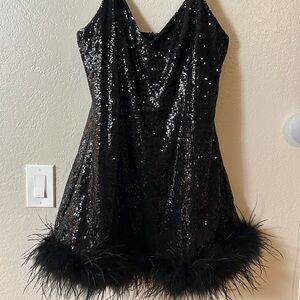 Black Sequin Mini Dress with Feather Trim